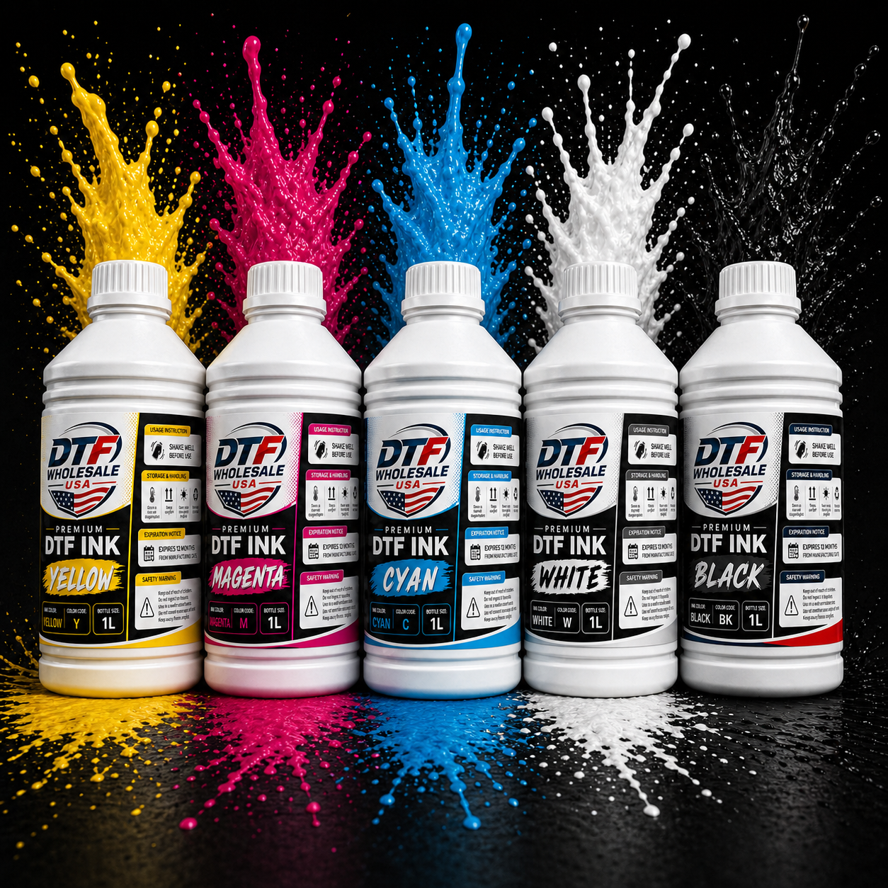 Premium DTF Ink Bundle – CMYK + White + Black 1L Bottles